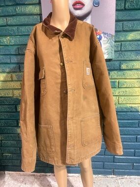 Carhartt Tan/Brown Duck Work Jacket with Corduroy Collar blanket, lined 3X